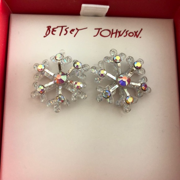 Betsey Johnson Silver Tone & Acrylic Snowflake Stud Earrings Crystal Accents NIB - Picture 2 of 11